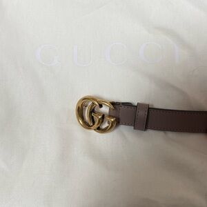 Gucci Women’s Marmont Mini Slim Taupe Leather Belt with Gold Logo Size 80/32
